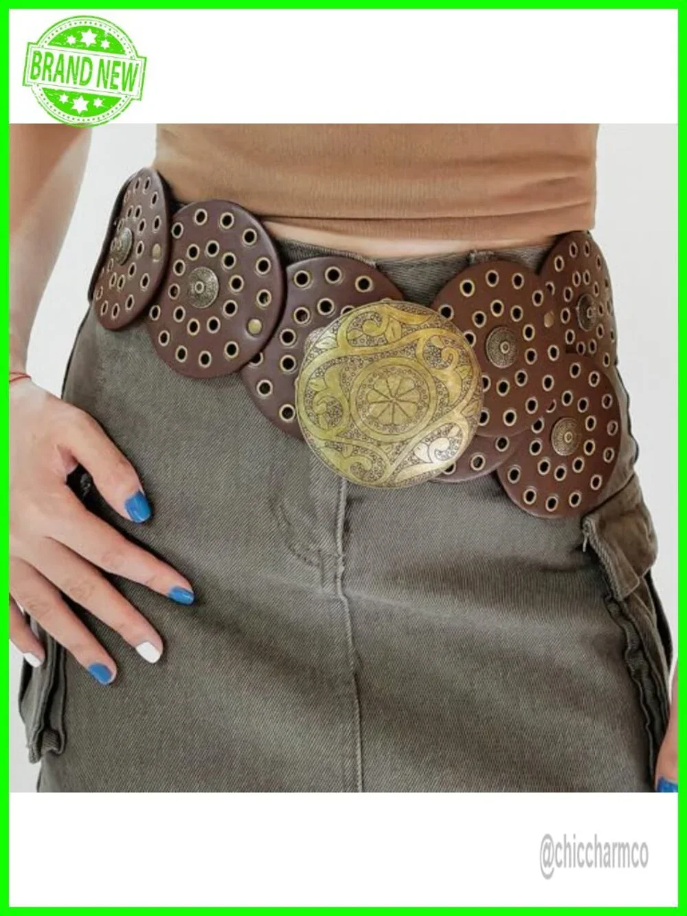 PU Leather Western Disc Belt Chunky Concho Punk Boho for Dresses Jeans